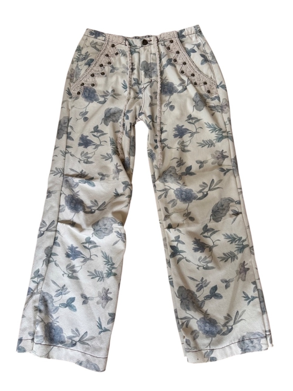 POL Wildflower Dusk Cream Drawstring Wide Leg Pants S